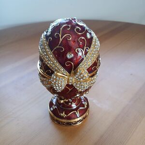 Red Bowed Enamel Reproduction Faberge Egg Jewelry Box Trinket 6" Red Egg Decor